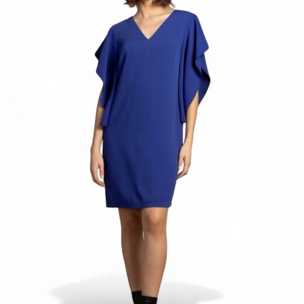 Trina Turk Hiroshi Dress XS Blue Flutter Sleeve V-Neck Shift Sheath Cocktail NWT